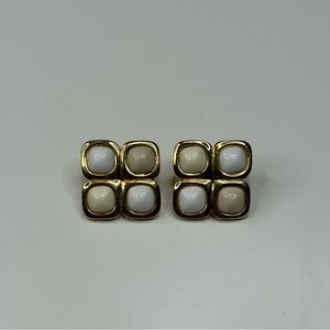 Vintage Trifari White Neutral And Yellow Gold Tone Stud Earrings RARE